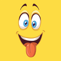 Emotions cartoon. Cartoon face with big round blue eyes and big mouth with protruding tongue. Smile, happiness, joy, delicious.