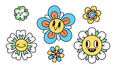 Daisy flowers icons. Cartoon funny psychedelic 70s hippie daisy flowers, 60s potted flowers symbol flat vector illustration set. Retro hippie chamomile flowers badge
