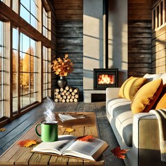 Cosy Autumn Living Room with Fireplace and Fall Decor