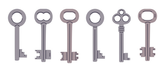 Door keys. Apartment, house or mailbox key, vintage retro keys, hand drawn keys flat vector illustration set. Cartoon keys icons