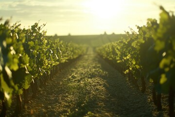 Naklejka premium A warm and inviting scene of sunlight shining through the leaves of a vineyard, perfect for use in travel, food, or wine-themed projects