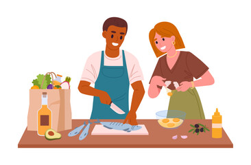 Family cooking at home. Cooking couple, man and woman cook tasty dishes, people preparing food at home flat vector illustration. Homemade meal preparation