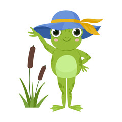 Funny green frog wearing hat. Cute frog mascot, wildlife water amphibian animal flat vector illustration. Cartoon cheerful frog character