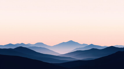 Fototapeta premium A minimalist landscape with distant mountain silhouettes under a pale gradient sky at dawn, using simple shapes and soft hues.