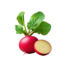 A Radish plus a slice of Radish stylized pattern icon with leaves, realistic, photo grade, 