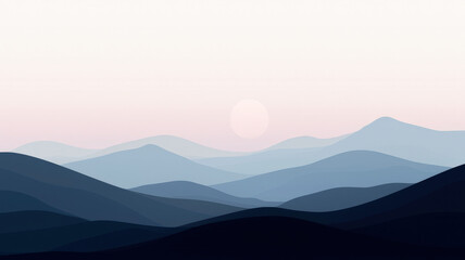 Fototapeta premium A minimalist landscape with distant mountain silhouettes under a pale gradient sky at dawn, using simple shapes and soft hues.