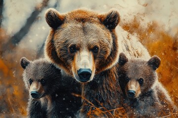 Obraz premium A mother bear and her two cubs playing in the snow