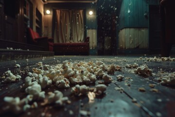 Obraz premium A pile of popcorn sitting on the floor of a cozy living room