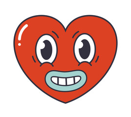 Heart shape character. Funny red heart mascot, cute comic heart shaped emoji flat vector illustration. Cartoon comic heart emoji on white