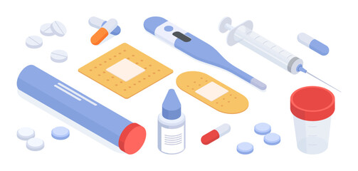 Health care supplies. Isometric pharmacy medicine, emergency tools, syringe, thermometer, patch, medical pills and drugs 3d vector illustration set. Pharmacy supplies collection