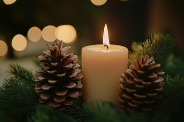 A lit candle sits next to a pine cone