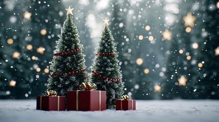 Naklejka premium Festive Christmas Trees with Gifts in Winter Wonderland