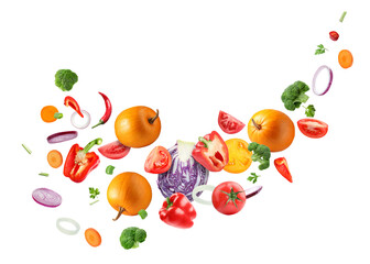 Many different fresh vegetables in air on white background
