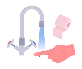 Injured scratched finger. First aid for skin scratch, injured human hand under cold water flat vector illustration. Cartoon medical treatment for arm injury