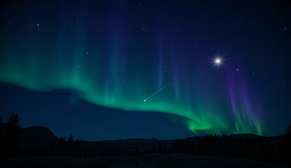 A spectacular display of the northern lights with a shooting star illuminating the night sky