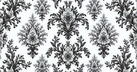 Ornate black and white floral patterns with vintage damask style classic luxury elements and botanical accents for a bohemian aesthetic