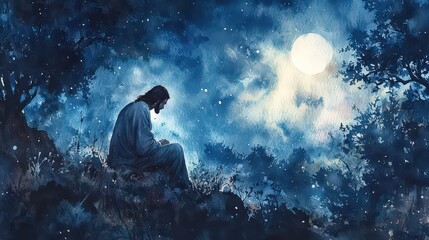  Watercolor of Jesus praying in the Garden of Gethsemane under a moonlit sky, with deep blues and purples; softly lit scene captures a moment of solitude and devotion, ideal for reflection.