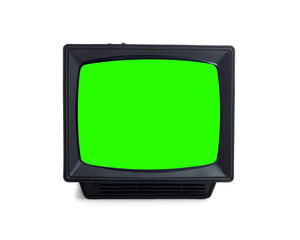 Retro Tv set with green screen on white background. Chroma key