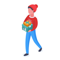 Isometric boy with xmas gifts. Kid with Christmas gift boxes, child carrying present boxes 3d vector illustration. Christmas holiday character