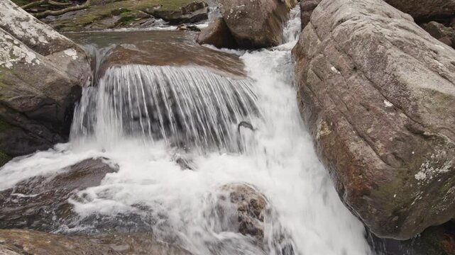 A closeup panning shot of rapids along Paine Creek in the Laurel Snow State Natural Area, with ambient sound.