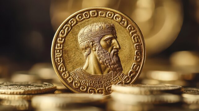  Ancient Byzantine solidus featuring Emperor Justinian I in ornate armor, crafted from gold; intricate design and historical significance make it a treasure of the 6th-century Byzantine era.