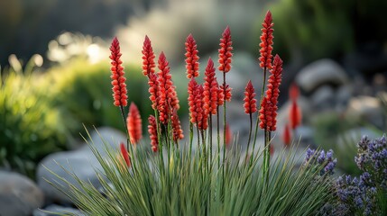  Ocotillo plant with tall, spiny stems tipped with clusters of red flowers, adding vibrant color to the stark, rugged landscape.