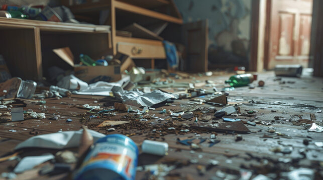 A messy room with trash scattered all over the floor