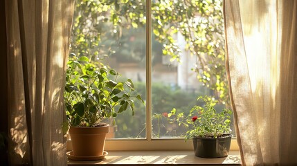  Potted plants near a sunny window with a sheer curtain acting as insulation; the indoor light and warmth protect the plants through winter.