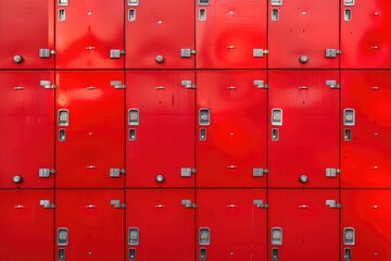 A row of bright red lockers are aligned in a straight line, each with its own unique character