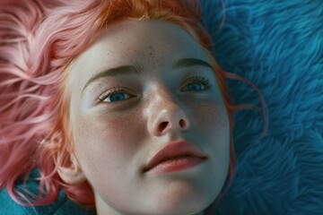 A person with pink hair is resting on a blue blanket, suitable for lifestyle, wellness, or pop culture images