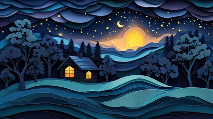  Cozy cabin in forest with glowing windows under starlit sky and crescent moon, set in enchanting blue and yellow tones. Calm night scene evokes warmth and solitude.