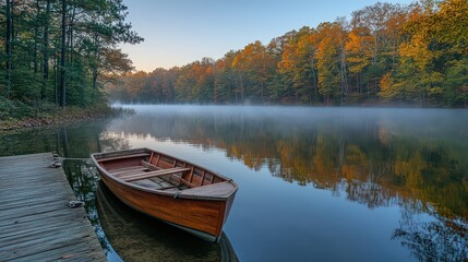  Tranquil scene of a wooden rowboat tied to a dock, gently floating on still water at dawn; soft light enhances the peaceful atmosphere.