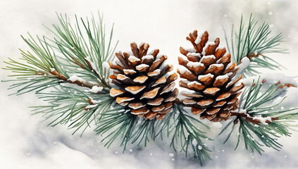 Fototapeta premium Snowy Pine Branch Watercolor. A winter-inspired illustration of a pine branch with pinecones dusted in snow. Painted in soft pastels, ideal for cozy and festive holiday themes.