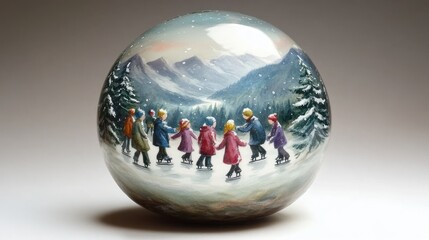 Hand-painted egg depicting children ice skating in a snowy mountain landscape