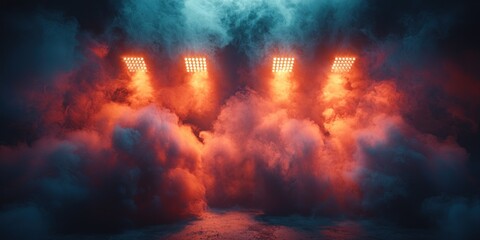Three stadium lights illuminate a smoky stage with blue and red hues.