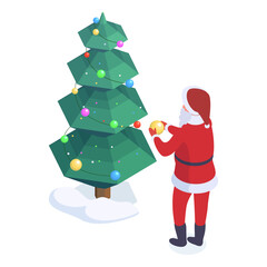 Santa Claus decorating xmas tree. Isometric Christmas character with fir tree decorations, Santa mascot preparing to winter holidays 3d vector illustration. Xmas fir tree decoration