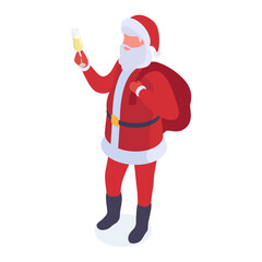 Santa Claus. Isometric Christmas Santa character with sackful of gifts and champagne glass 3d vector illustration. Xmas holidays Santa Clause mascot