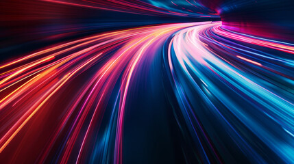 Obraz premium Colorful light trails streak across the dark background, capturing the motion of vehicles on a bustling highway at night, creating a sense of speed and energy