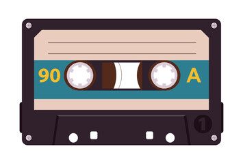 Stereo tape cassette. Cartoon 80s tape record, 90s music audio cassette, analogue player old tape flat vector illustration. Vintage audiocassette