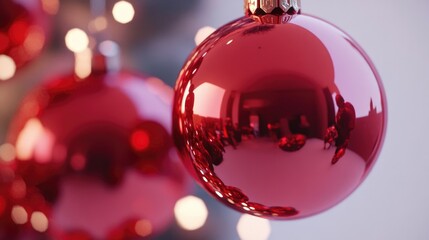 A close-up shot of a shiny red Christmas ornament