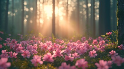 Obraz premium Pink Flowers Blooming in a Sunlit Forest