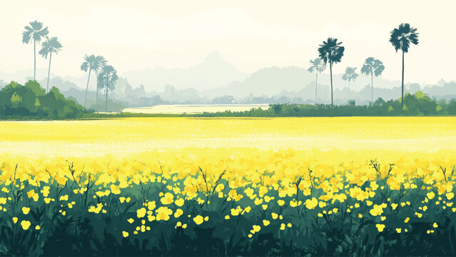 cute and lovely flat illustration of a scenic landscape of mustard fields blooming under a winter sky in rural Bangladesh, with mist softening the horizon and distant palm trees