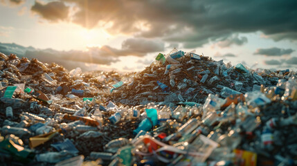 A mountain of trash is piled high with plastic bottles and other garbage