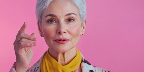 Senior woman with white hair and yellow scarf, possibly hiking or walking outdoors