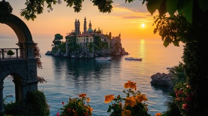 A tiny island surrounded by vast ocean waters, perfect for a secluded getaway or as a background element