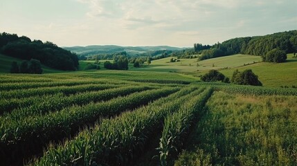 A picturesque scene of a cornfield in a rural area, suitable for use in agricultural or countryside-themed projects