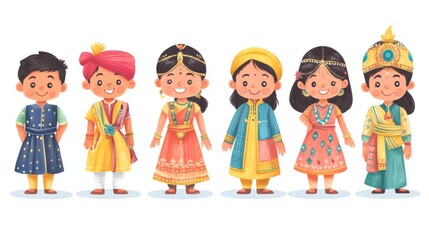 Adorable Kids in Traditional Indian Attire Cultural Diversity Illustration