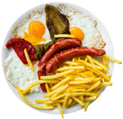 Fototapeta premium Sausages with fried eggs, potatoes and peppers served for breakfast. Isolated over white background