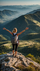 Obraz premium A woman traveler standing triumphantly on a mountain peak, arms raised in celebration.