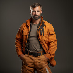 Fototapeta premium Worker in orange work uniform on dark background